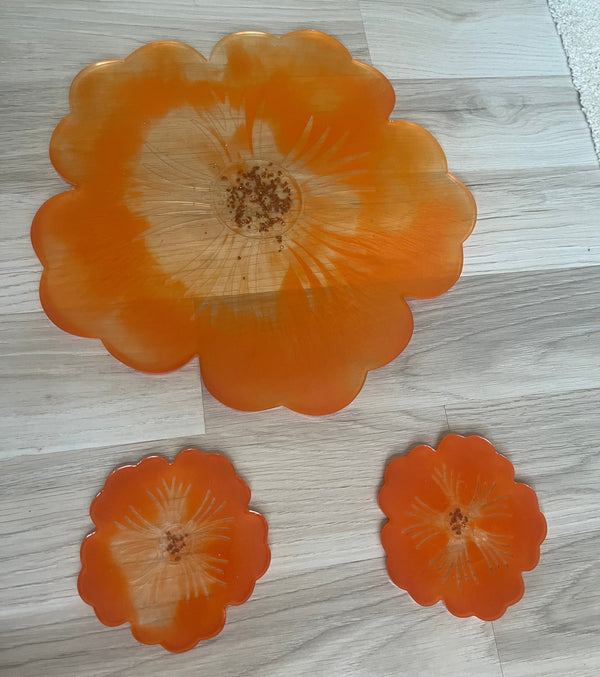 Plateau et ses deux sous verres assortis orange - élégance moderne
