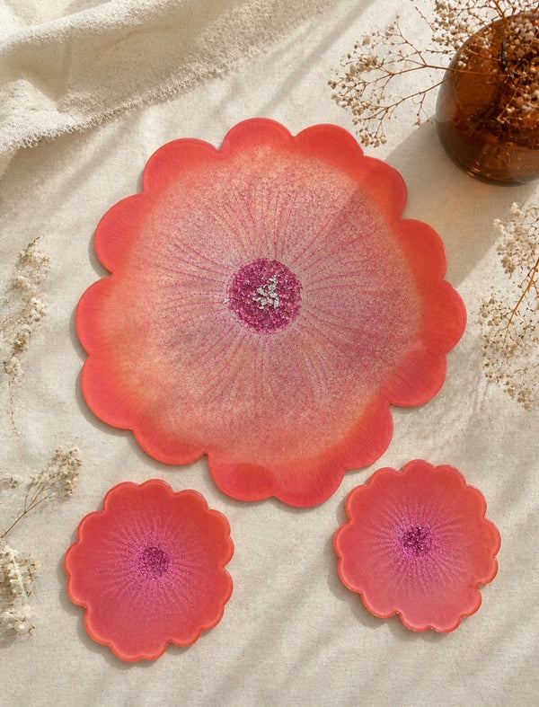 Plateau en résine avec deux sous-verres assortis rose/ orangé - élégance moderne